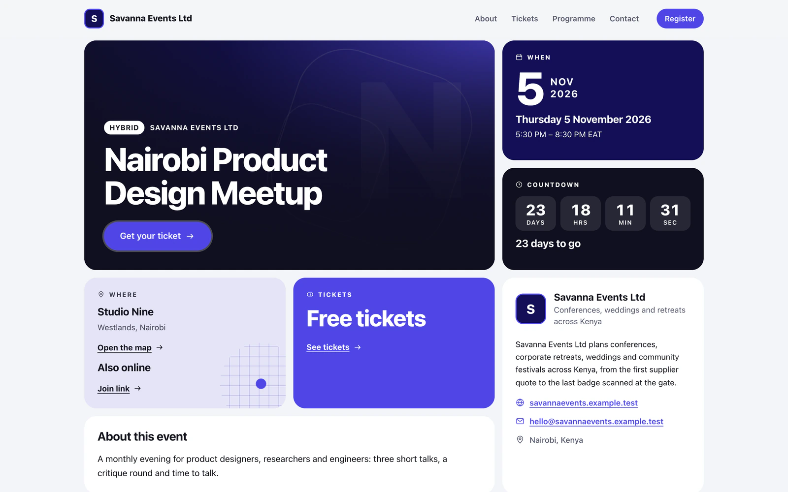An event page in the Bento design: a dark title card, a date tile, a countdown, a tickets tile and an about card, in indigo.
