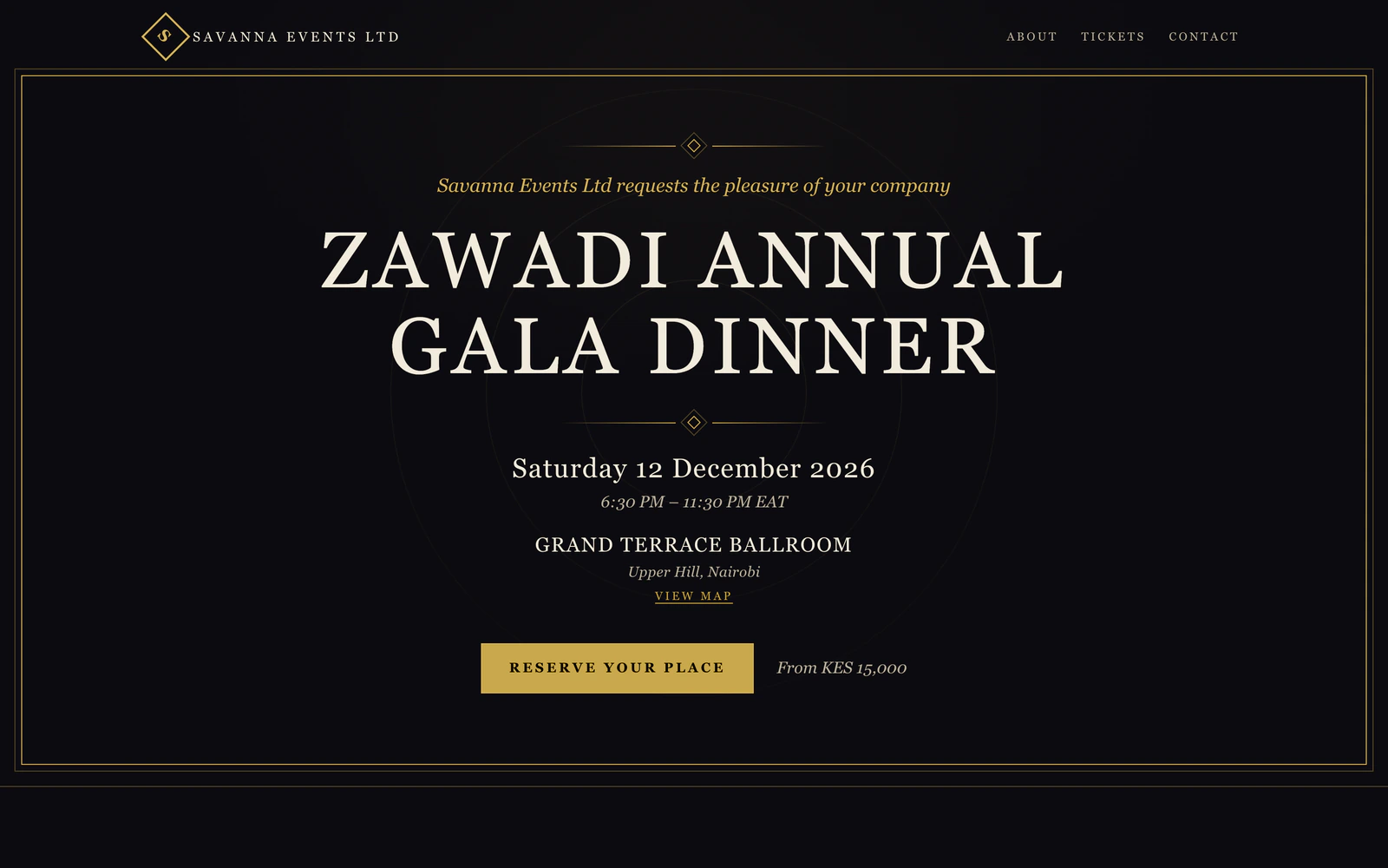 An event page in the Gala design: a dark page with gold hairlines, serif capitals, the date and venue, and a Reserve your place button.