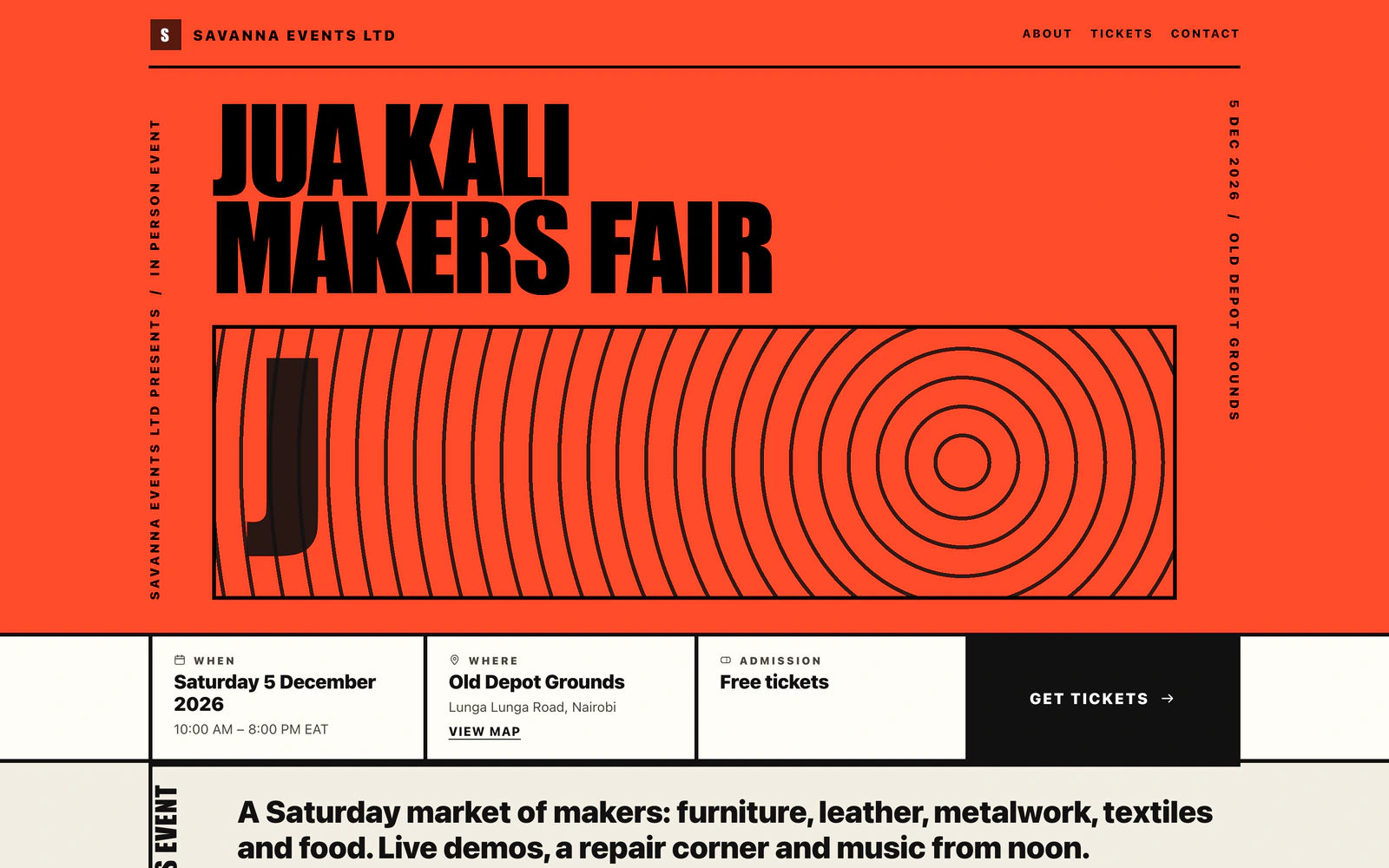 An event page in the Poster design: huge stacked black type on a bold orange field, with the date, venue and admission along the bottom.