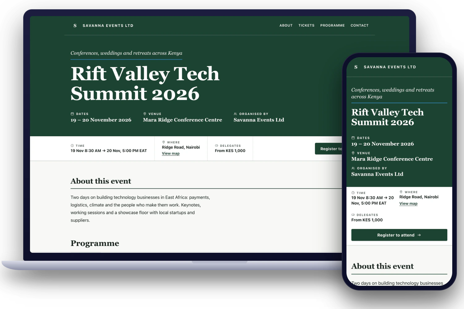 An event page for a two-day technology summit, shown on a laptop and on a phone, with the dates, venue and a Register to attend button.