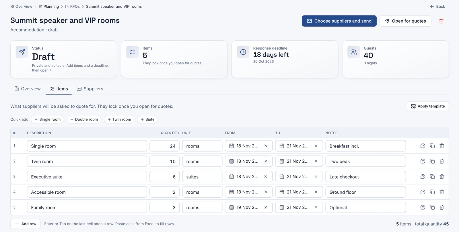 The items grid of a request for quotation for hotel rooms: single rooms, twin rooms, suites and accessible rooms, each with a quantity, a unit, check-in and check-out dates and a note.