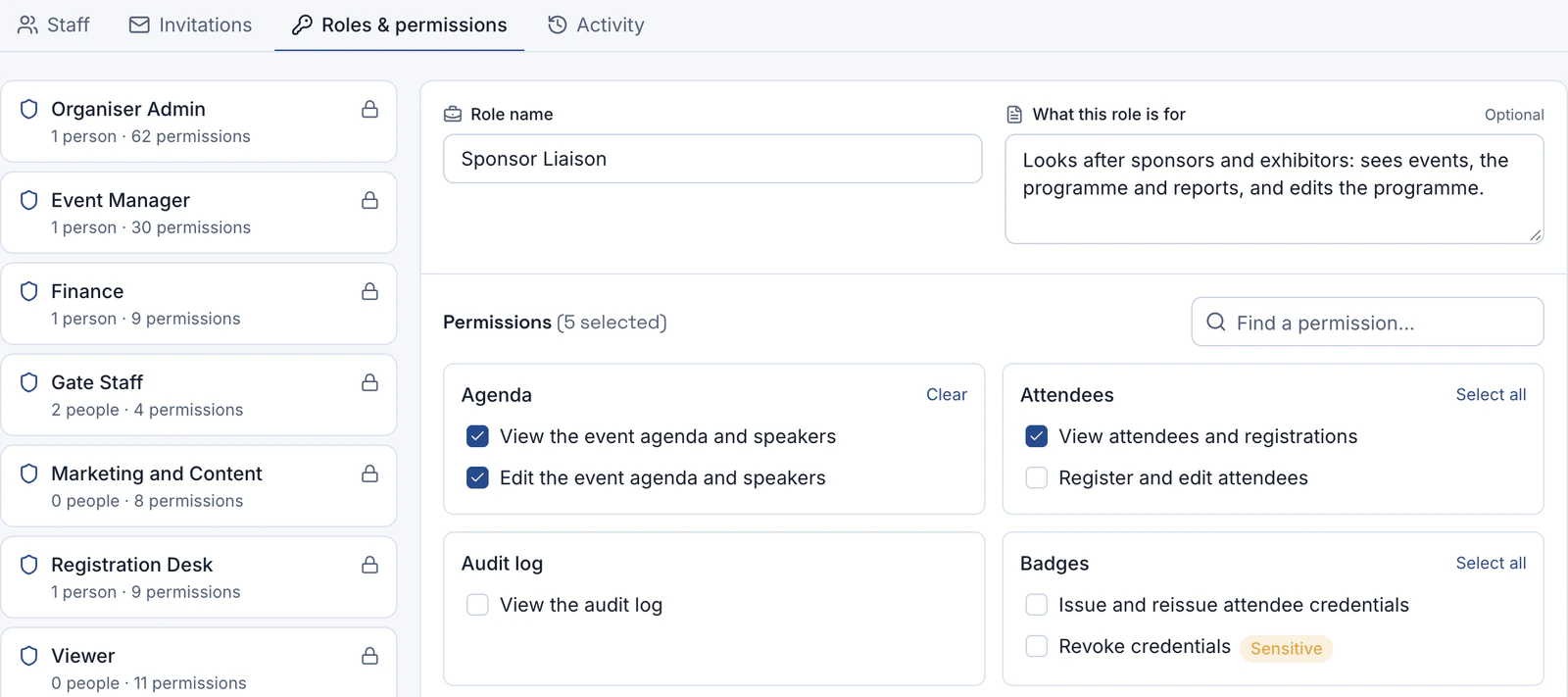 The Roles and permissions screen: a list of ready-made roles and a custom role called Sponsor Liaison, with its name, description and the permissions ticked for agenda and attendees.